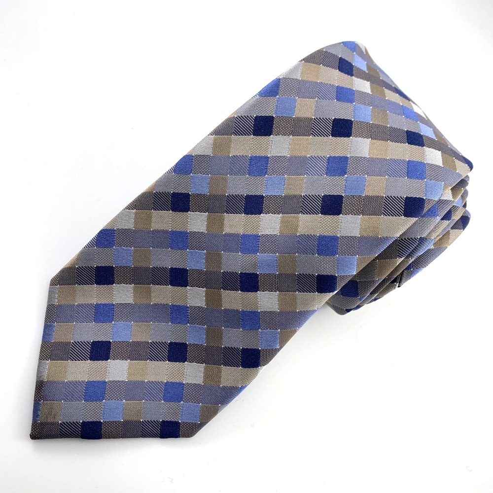 Calvin Klein Mens Tie Blue Silver Foulard Diamond Pattern 100% Silk Repp Necktie